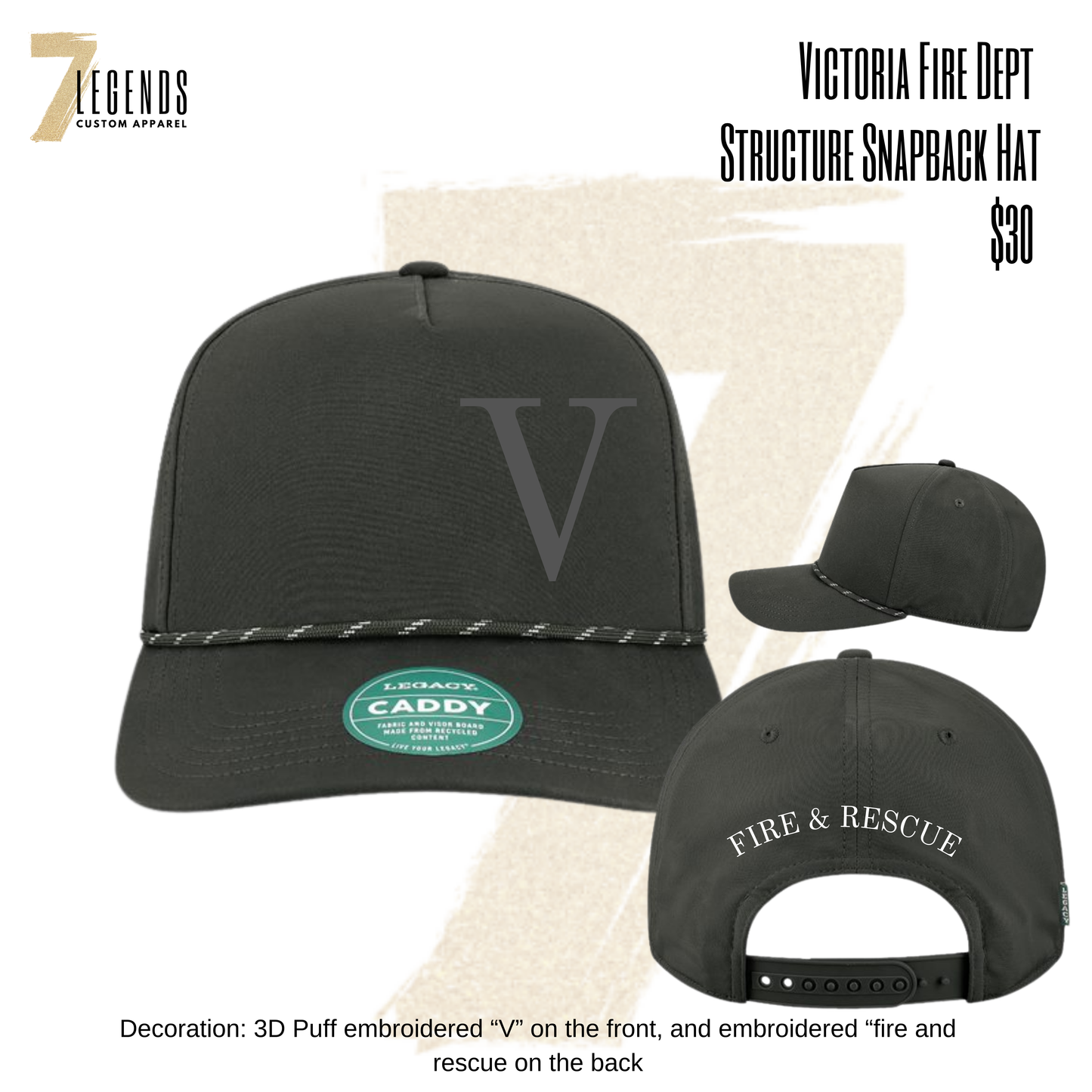 Victoria "V" 3D Puff Embroidered Hat with Rope