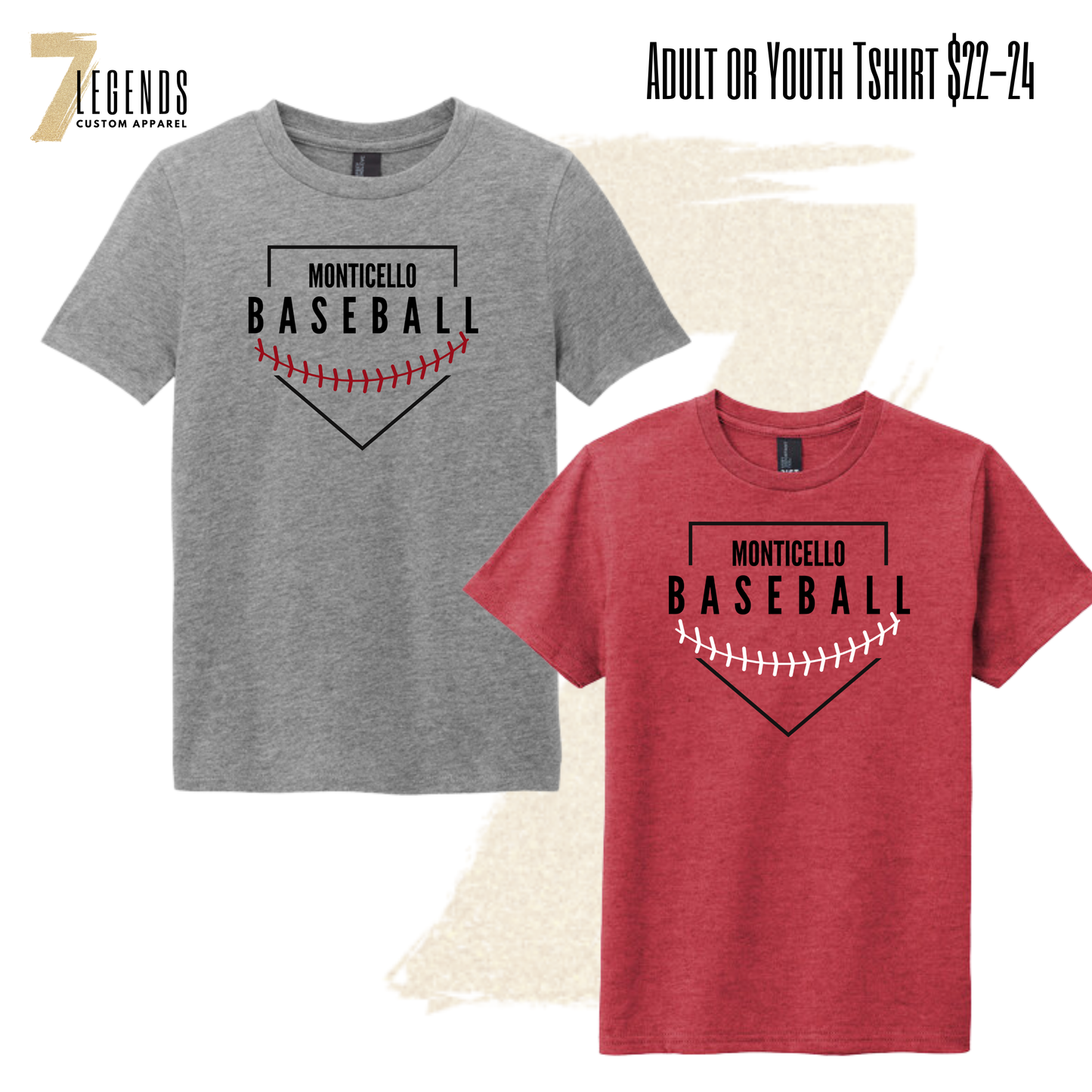 Monticello Baseball Tee - Adult or Youth