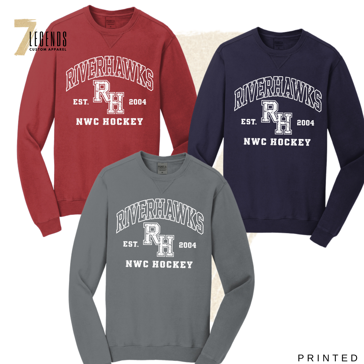 Adult Distressed Varsity Crewneck - RiverHawks