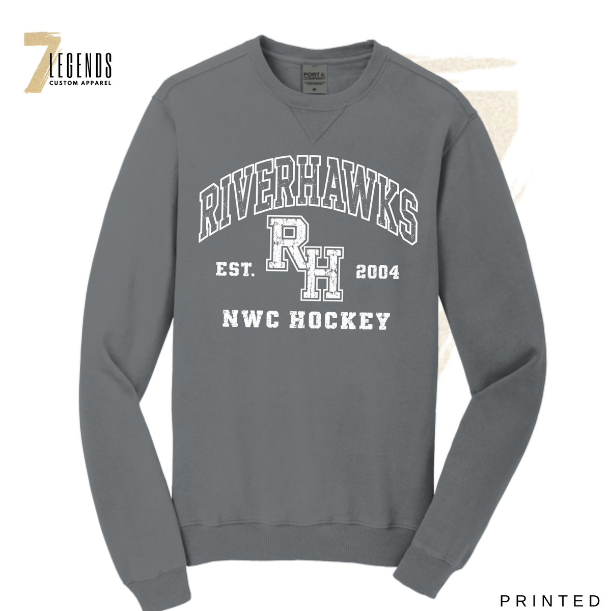 Adult Distressed Varsity Crewneck - RiverHawks