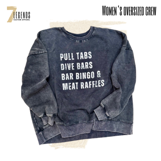 Womens Oversized Pull Tabs & Dive Bar Crewneck