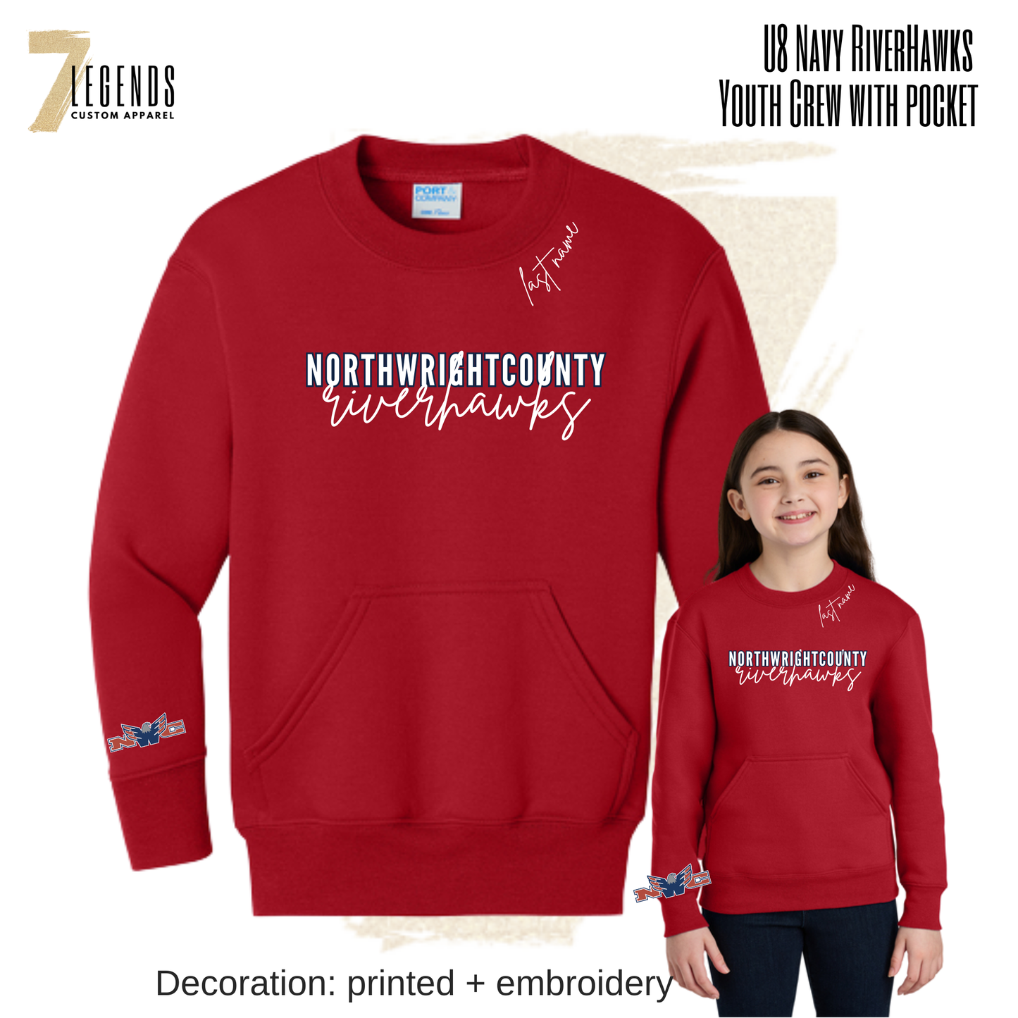 U8 Navy RiverHawks Youth Red Crew with Front Pocket